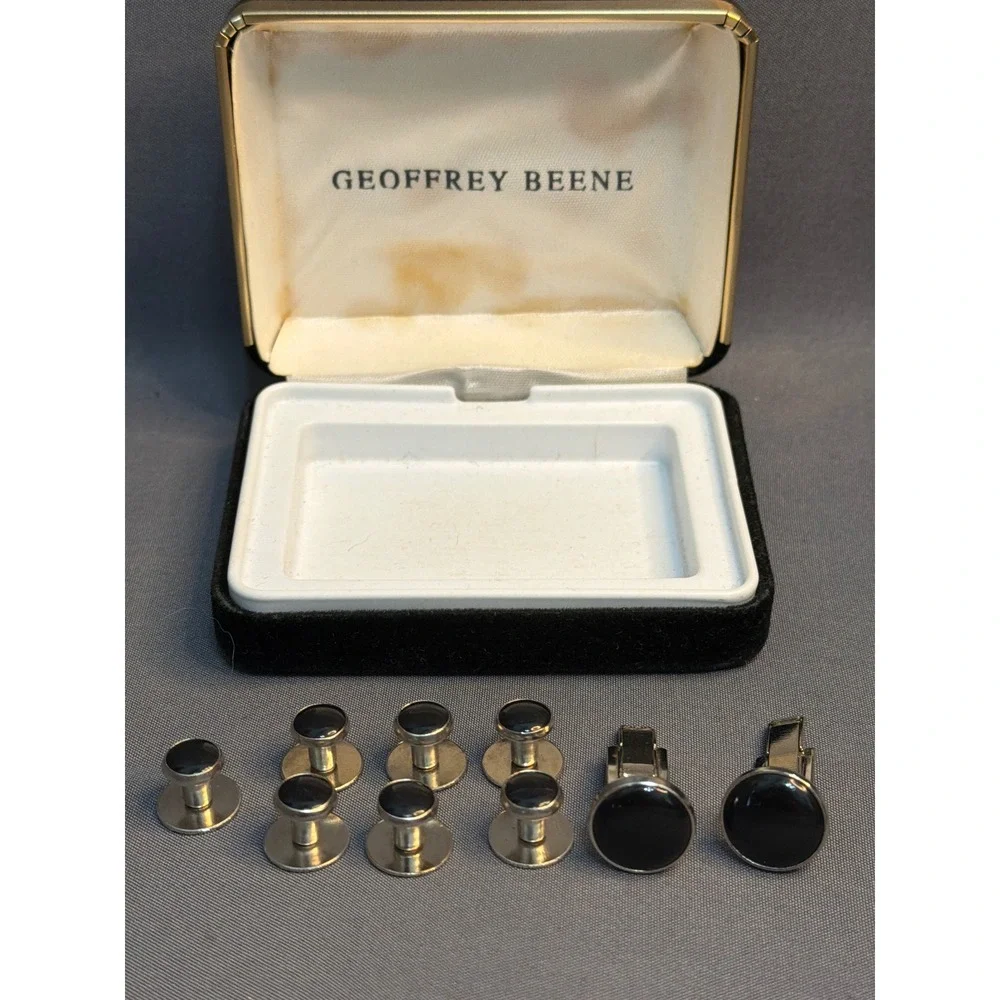 Geoffrey Beene Cufflinks and Shirt Studs Set Black Silver Tone Formal Tuxedo Box